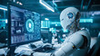 © Dina Photo Stories - Artificial intelligence humanoid robot working on computer in office. technology concept robot working in office, AI assistant business concept. Futuristic AI Robot Working with digital Data