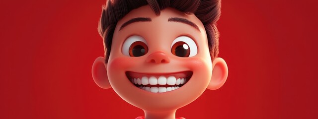 Wall Mural - Adorable 3D cartoon boy with bright white teeth smiling joyfully