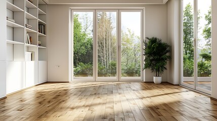 Poster - an empty living room with sliding glass doors and floor to the right there is no one person in it : Generative AI