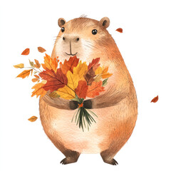 Cute capybara holding autumn leaves bouquet. Adorable capybara with colorful autumn leaves. Trendy autumn sticker, print, card, icon, design. Watercolor illustration isolated on white background