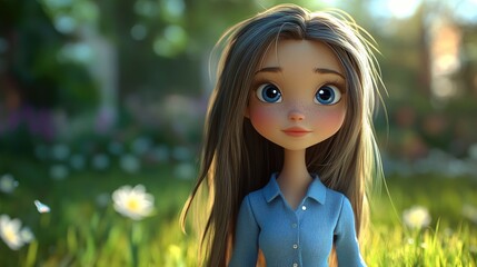 Cartoon 3D portrait of a girl with long hair outside