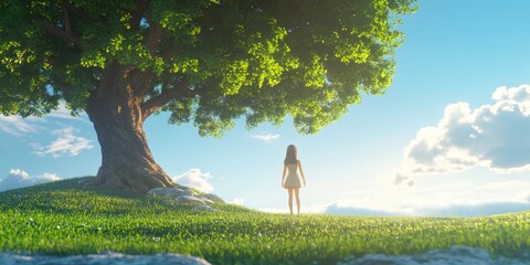 Cartoon girl standing under a big tree in 3D