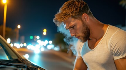 Poster - A man with a beard looking at the hood of his car, AI