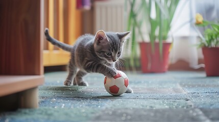 Wall Mural - Gray little cat plays soccer in the apartment