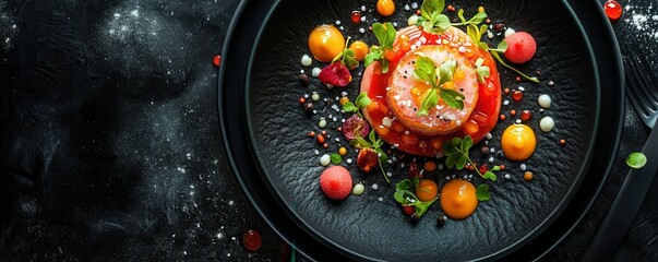 A vibrant gourmet dish beautifully presented on a black plate, featuring fresh ingredients and artistic garnishing.