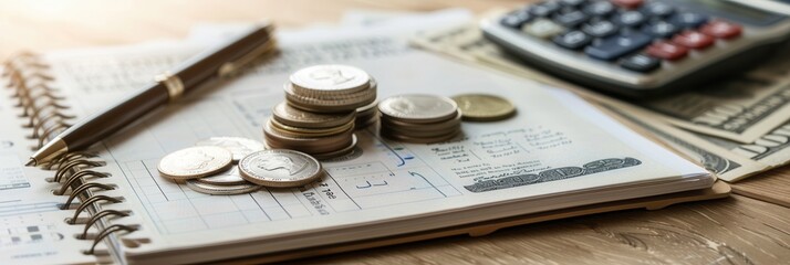 Aufkleber - Cash, coins, and a notebook filled with notes and calculations lay on a wooden table during a focused budgeting session. Generative AI