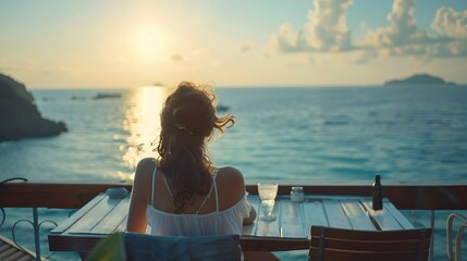 Wall Mural - A woman enjoys the view of the sea with a beautiful view from the terrace in the early summer morning : Generative AI