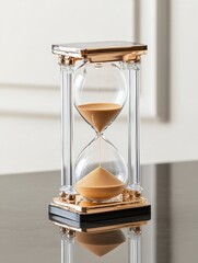 Elegant hourglass with golden accents placed on a reflective surface in a bright interior setting