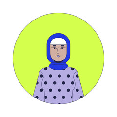 Wall Mural - Muslim woman hijab modest 2D linear vector avatar illustration. Arab female headscarf, polka dot shirt cartoon character face portrait. Corporate employee casual flat color user profile image isolated