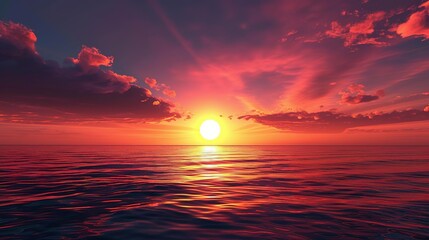 Canvas Print - Red Sunset Over Ocean Realistic Image