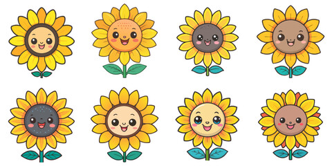 Wall Mural - Illustration of multiple cute sunflowers, black outline
