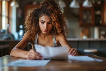 A young woman with curly hair is intently reading documents at a table in a well-lit home kitchen.