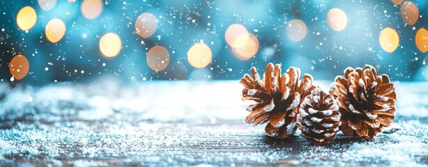 Sticker - Tree branches and pinecones on a Christmas table with lights