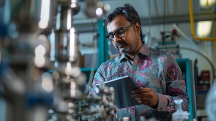 A man in a patterned shirt inspects machinery while holding a tablet in an industrial setting, focusing on engineering equipment operations and maintenance.