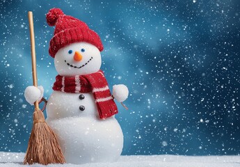 Aufkleber - Christmas and happy new year greeting card with copy-space. A happy snowman stands in a winter landscape. The background is white with snow.