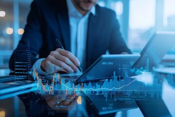 Fototapete - In this concept, a big data technology is used for the analysis of business finances, including reports and charts concerning business sales, profit, and a stock market trend analysis.