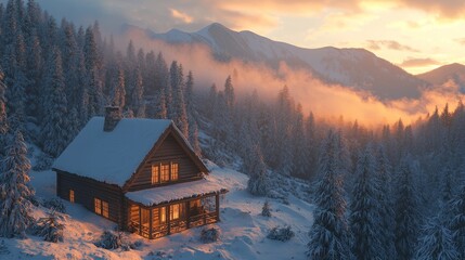 Aufkleber - An amazing winter landscape with snow-covered mountains. A high mountain peak set in a fog-filled sunset sky. A Christmas and winter vacation holiday concept.