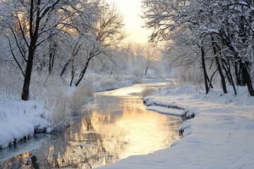 Poster - At sunset, a winter forest on the river with snowy trees, a sun, and a frozen river with beautiful reflections. Seasonal. Winter trees on the river with a blue sky and a snowy river.