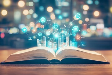 Leinwandbilder - Stunning modern city skyline appears in the open book pages controlled by smart home automation.