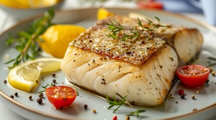 Wall Mural - Take a photo by smart phone of sea bass fillet steak with lemon sauce served with vegetable on plate : Generative AI