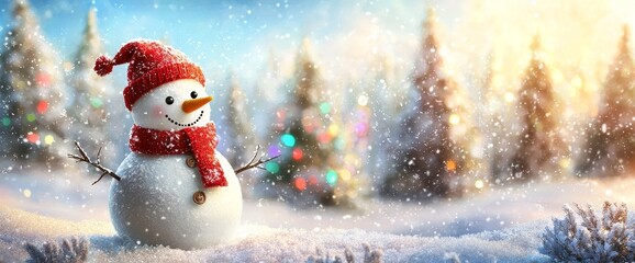 Aufkleber - Winter Wonderland with a happy snowman and falling snow and trees with lights