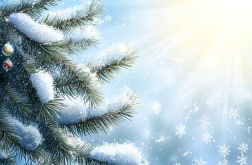 Aufkleber - Happy New Year greeting card. Winter landscape with snow on Christmas background. Fir tree branch on Christmas background