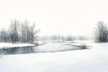 A watercolor landscape of a winter wonderland painted by a modern artist