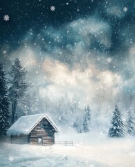 Aufkleber - Winter landscape with wooden house in snowy mountains. Christmas holiday postcard collage with DOF bokeh light.