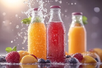 Product photography featuring bottles of juice accompanied by fresh fruit. The image showcases the vibrant colors and freshness of the juice and fruit