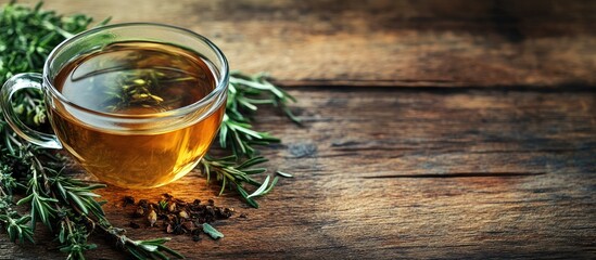 Cup of fragrant herbal tea with fresh rosemary and thyme on a wooden table. with copy space image. Place for adding text or design