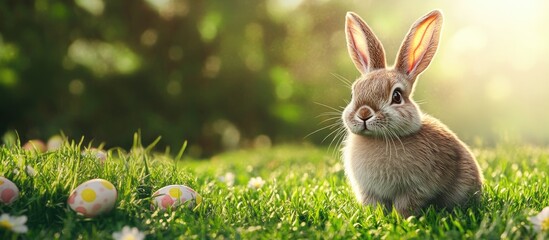Poster - Rabbits Charming art design featuring a cute little Easter Bunny Springtime flowers and green grass. with copy space image. Place for adding text or design