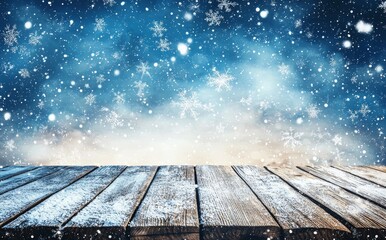 Aufkleber - This is a beautiful winter snowy blurred defocused blue background with an empty wooden floor. Flake snow falls on the light and sparkles on the floor.