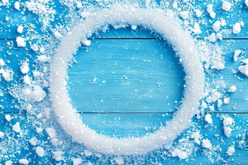 Leinwandbilder - Top view of a frame with white snow against a light blue wooden background. The season is Christmas.
