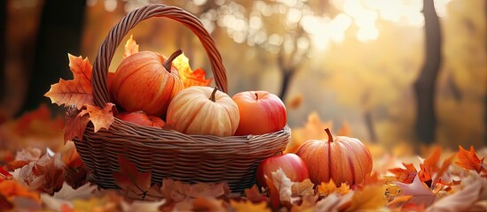 Fototapete - Pumpkins apples and autumn leaves in a basket. with copy space image. Place for adding text or design