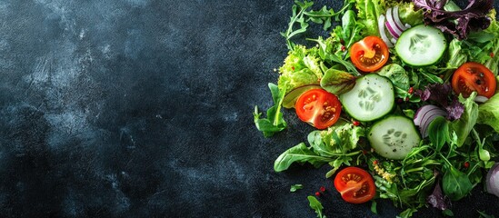 Poster - Healthy salad featuring a mix of greens including microgreens cucumber tomato onion and other ingredients Food background Copy space for text