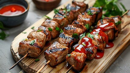 made dish of skewers meat fillet grilled chicken beef pork meat with bbq sauce served on a light background in a restaurant healthy food