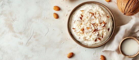 Leinwandbilder - Homemade almond cake with coconut chips on a light background copyspace