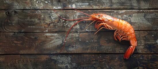 Poster - Fresh raw shrimp on a weathered wooden surface. with copy space image. Place for adding text or design