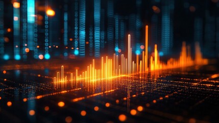 Illuminating Success: 3D Financial Bar Chart Rising Towards Glowing Light