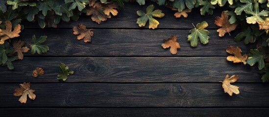 Wall Mural - oak leaves on dark wood. with copy space image. Place for adding text or design