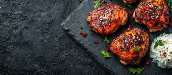 Aufkleber - Grilled sweet chicken thighs and cooked rice on a stone surface with copy space for your text Asian cuisine