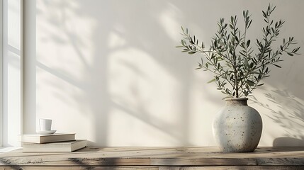 Wall Mural - Neutral Mediterranean home design Textured vase with olive tree branches cup of coffee Books on wooden table Living room still life Empty wall copy space Modern interior no people Late : Generative AI