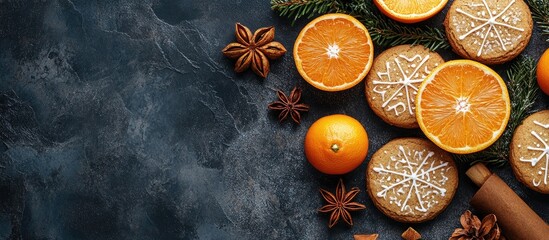 Poster - Food and beverage holiday theme Christmas and New Year cookies wreath with tangerine Copyspace top view flat lay backdrop