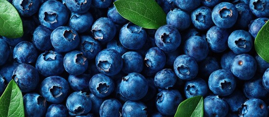 Poster - Perfectly ripe freshly picked local blueberries Close up copyspace for text top view background Healthy vegan snacks rich in antioxidants Seasonal summer berries