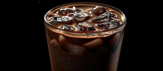 Poster - Vietnamese iced coffee in a glass on a black background Close up Copy space
