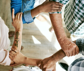 Aufkleber - Business people, holding hands and support in office with teamwork, solidarity or partnership goals. Diversity synergy, employees or group collaboration with top view for unity, cooperation and trust