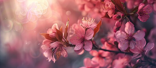 Background of blooming pink flowers A decorative flowering Japanese cherry branch in a spring garden macro image featuring copyspace and lovely bokeh