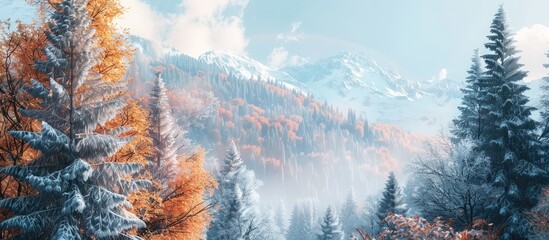 Poster - Autumn Transitions to Winter on the Trees and Mountains. with copy space image. Place for adding text or design