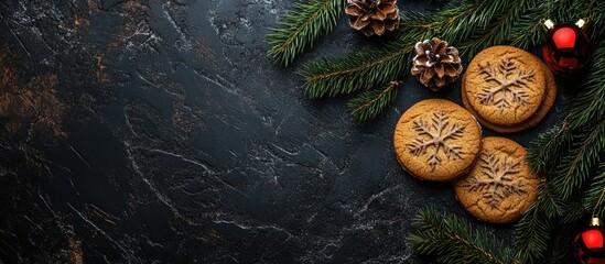 Aufkleber - Christmas baking theme a selection of cookies fir tree branches and decorations Top view copy space