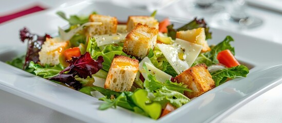 Caesar salad on a white plate placed on red napkins in a square Close up Series of images. with copy space image. Place for adding text or design